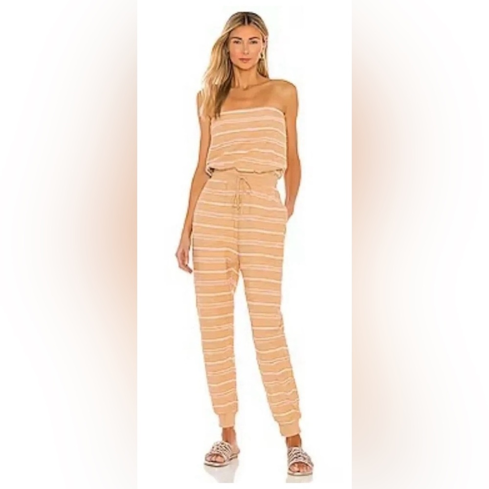 L*Space Beige and White Striped cinched waist Jumpsuit SMALL with pockets - Picture 3 of 8